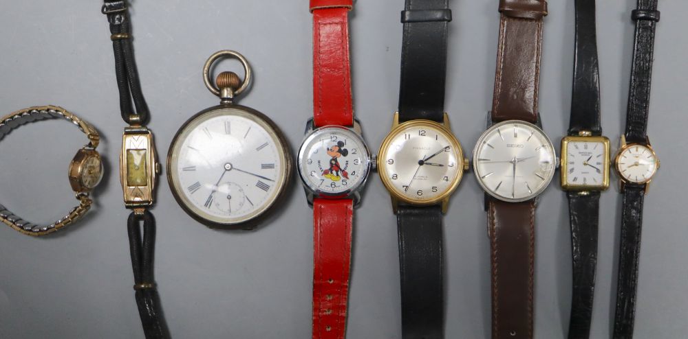 Assorted wrist watches including 9ct gold and a silver pocket watch.
